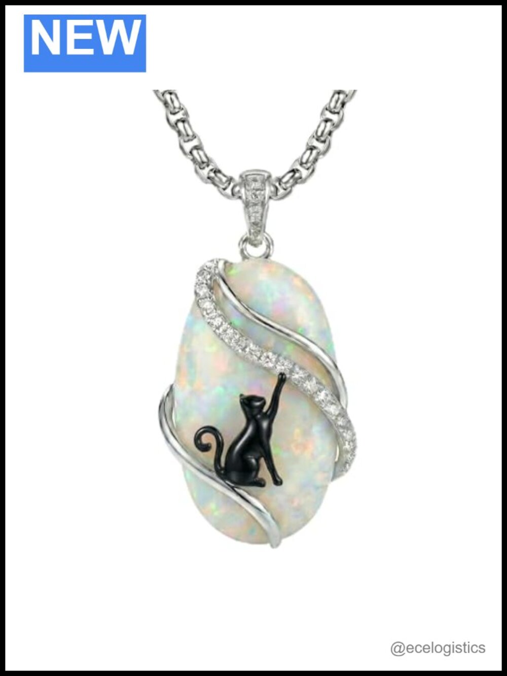 Opal Black Cat Pendant Necklace Stainless Steel Chain 22 in Animal Jewelry Gift